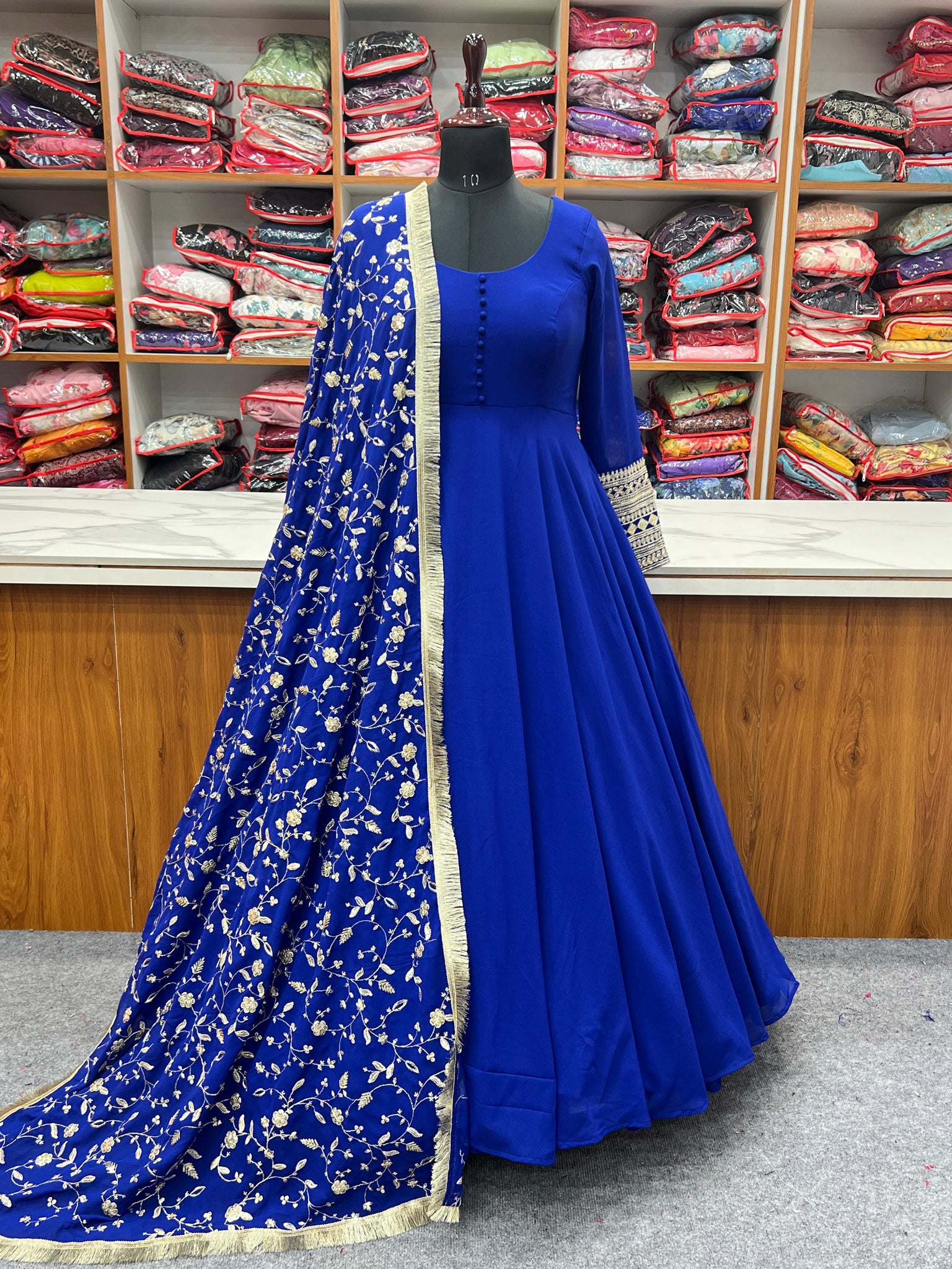 Georgette Fabric Fabulous Navy Blue Color Gown With Dupatta